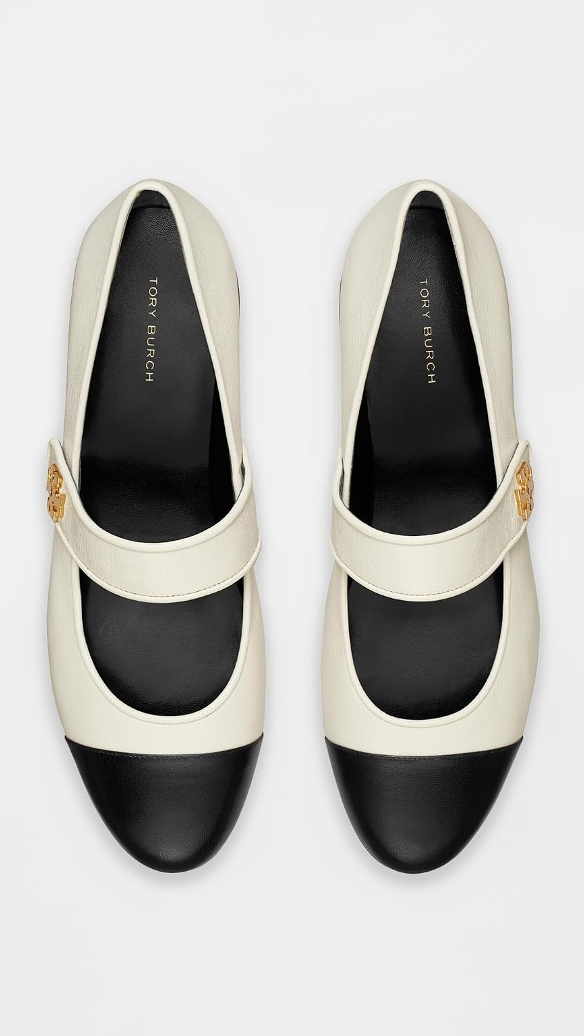 image:imageTory Burch Womens Cap Toe Mary Jane Ballet Heels 25mmLight CreamPerfect Black