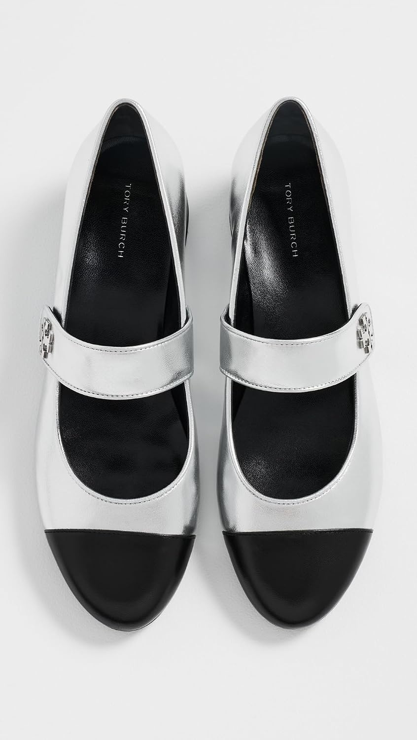 image:imageTory Burch Womens Cap Toe Mary Jane Ballet Heels 25mmSilverBlack