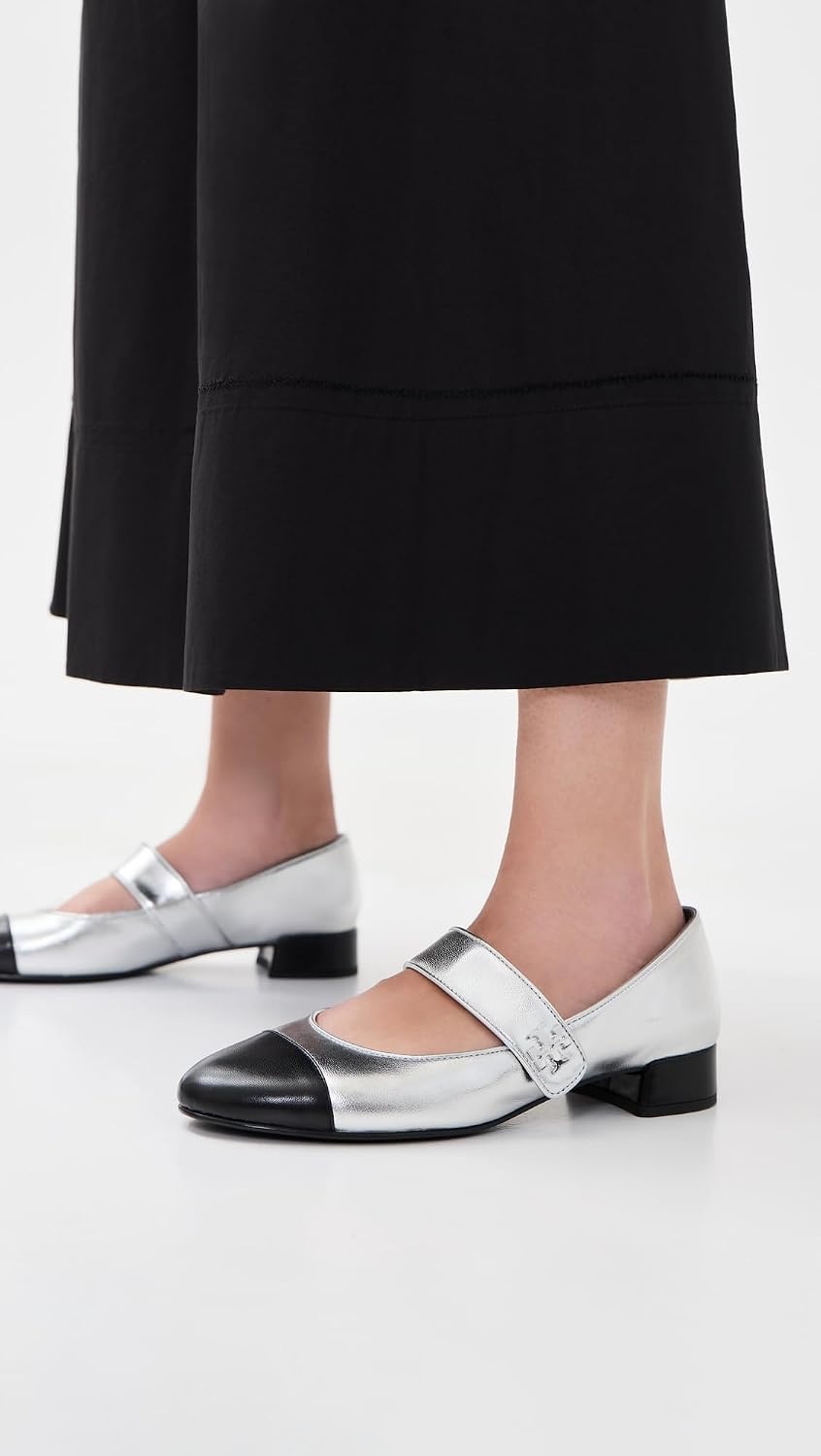 image:imageTory Burch Womens Cap Toe Mary Jane Ballet Heels 25mmSilverBlack