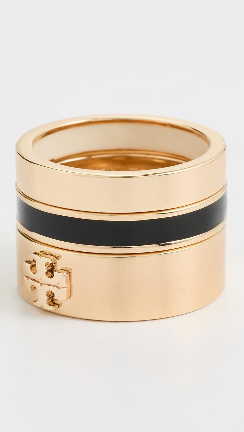 image:imageTory Burch Womens Icon Enamel Stacked Band Ring SetTory GoldBlackMint