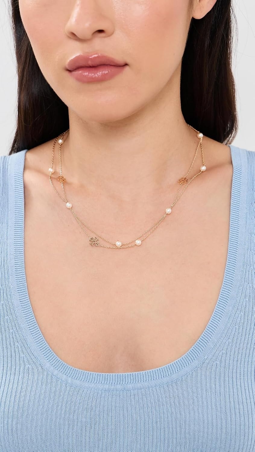 image:imageTory Burch Womens Kira Pearl Layered Necklace Tory GoldCream One Size