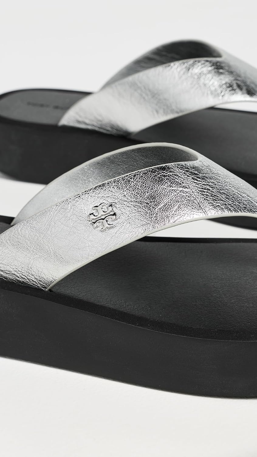 image:imageTory Burch Womens Leather Platform Flip FlopsSilverPerfect Black