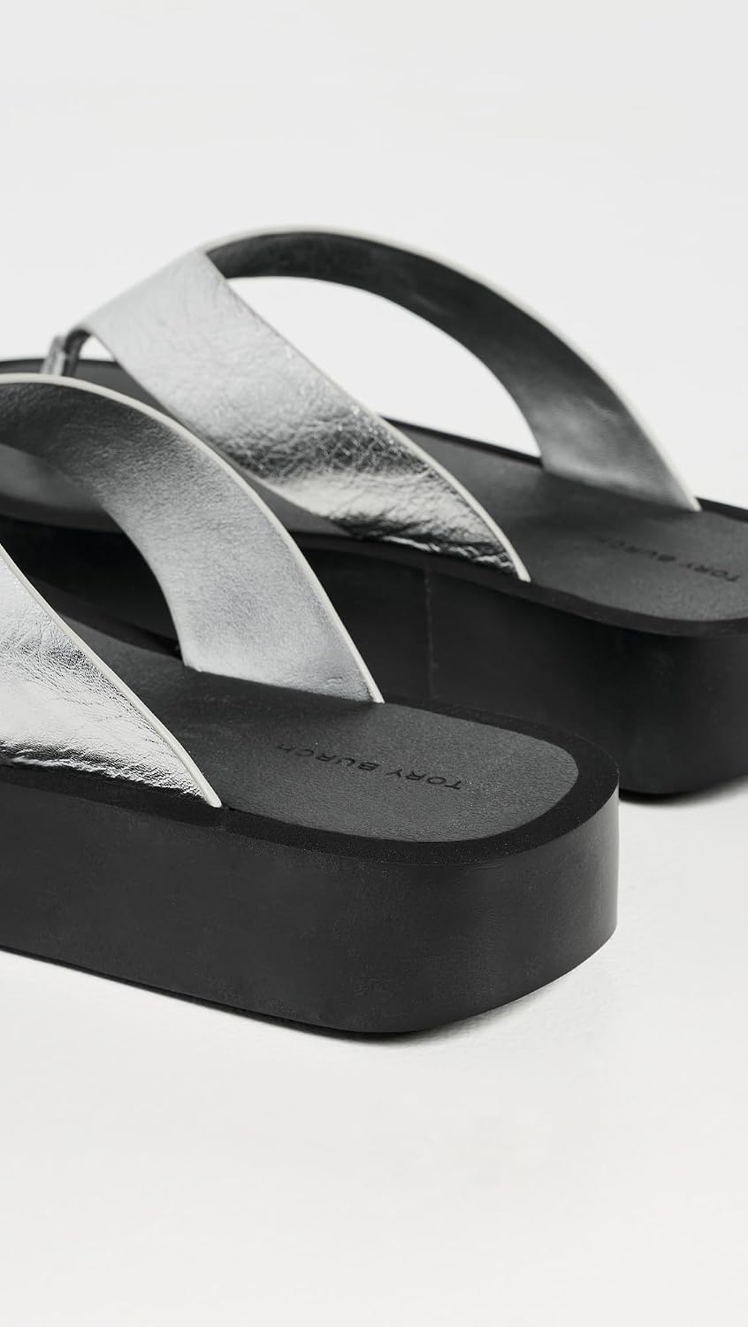 image:imageTory Burch Womens Leather Platform Flip FlopsSilverPerfect Black