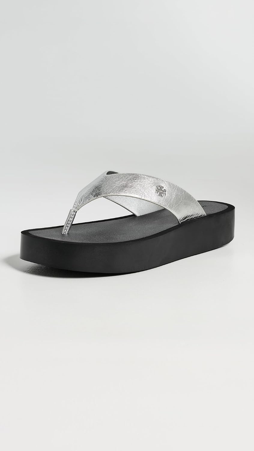 image:imageTory Burch Womens Leather Platform Flip FlopsSilverPerfect Black