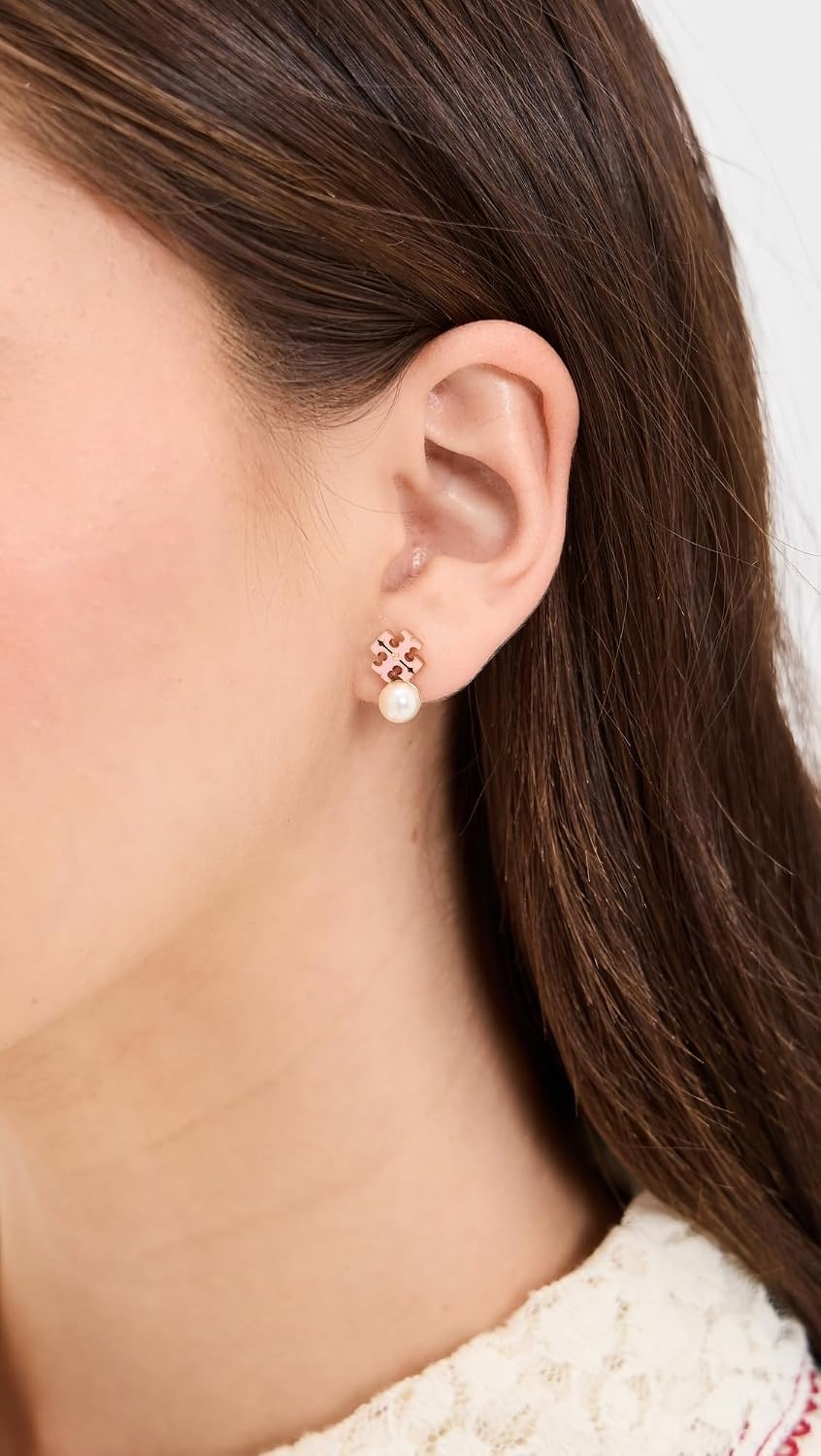 image:imageTory Burch Womens Logo Pearl Stud EarringsLight BrassPearlPink
