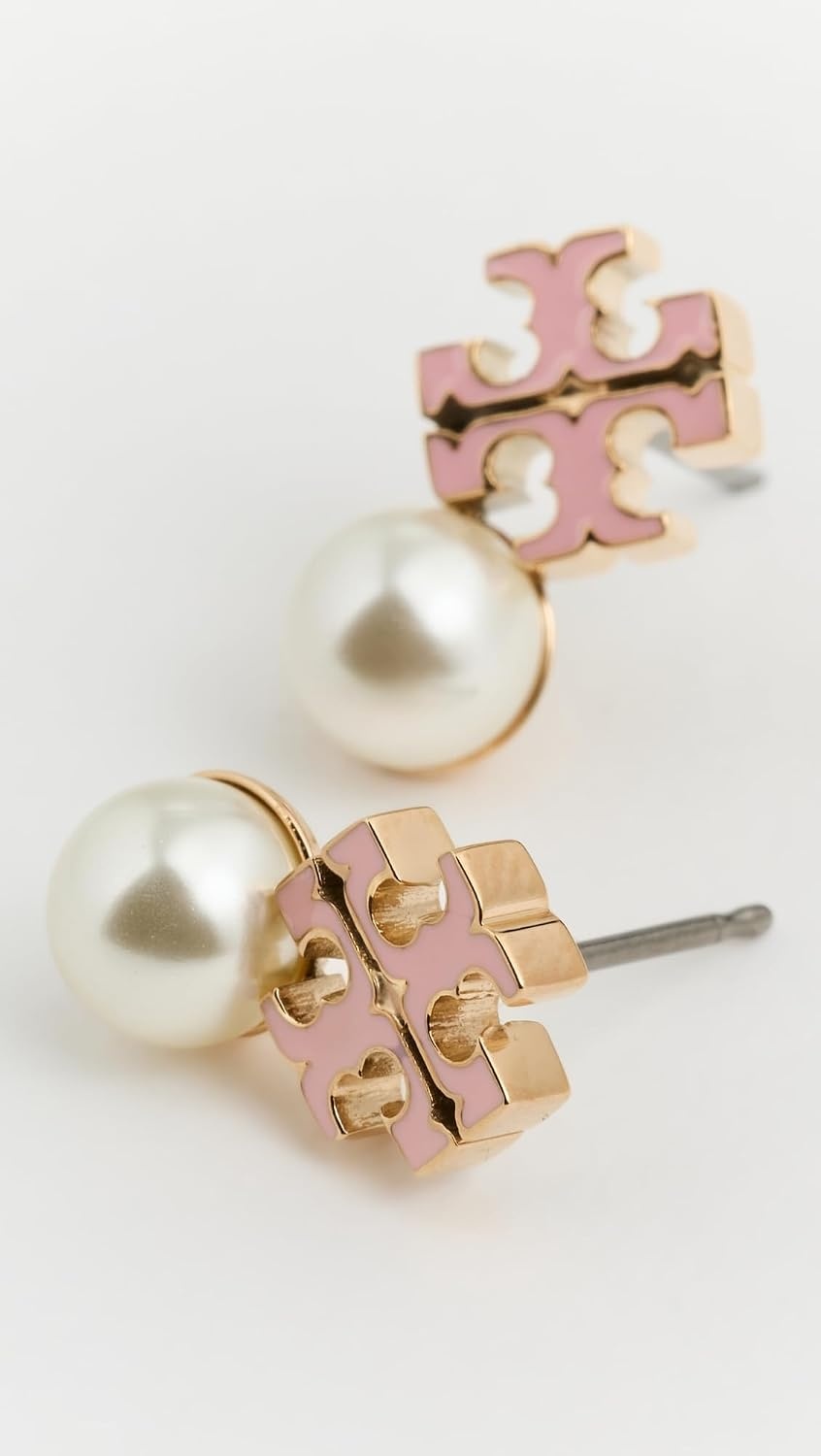 image:imageTory Burch Womens Logo Pearl Stud EarringsLight BrassPearlPink