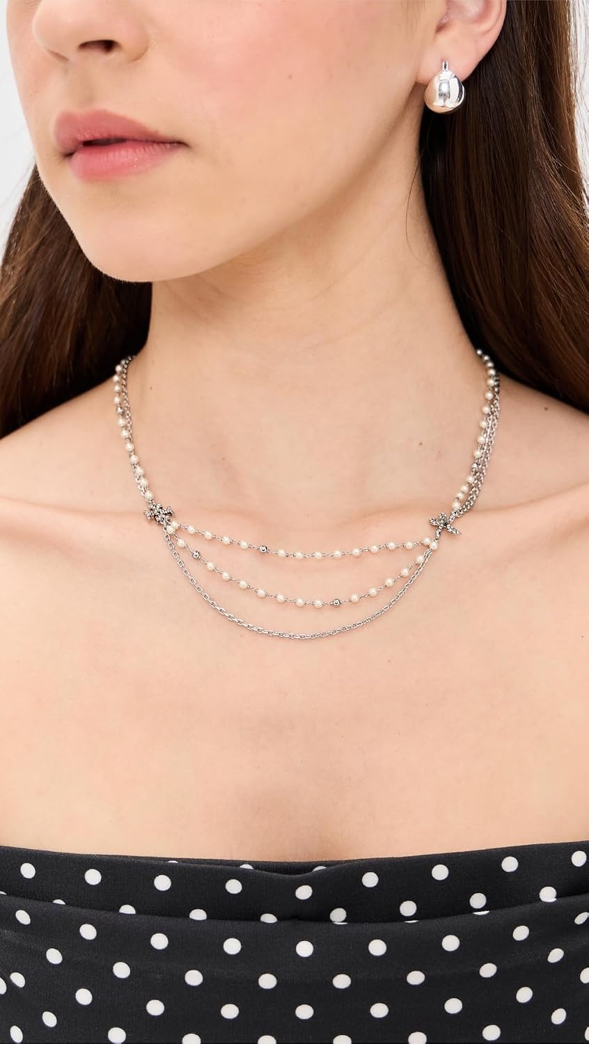 image:imageTory Burch Womens Moondance Multi Strand Pearl NecklaceTory Silver Pearl Crystal