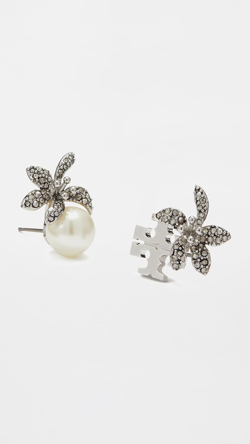 image:imageTory Burch Womens Moondance Pearl and Flower Stud EarringsTory SilverPearlCrystal
