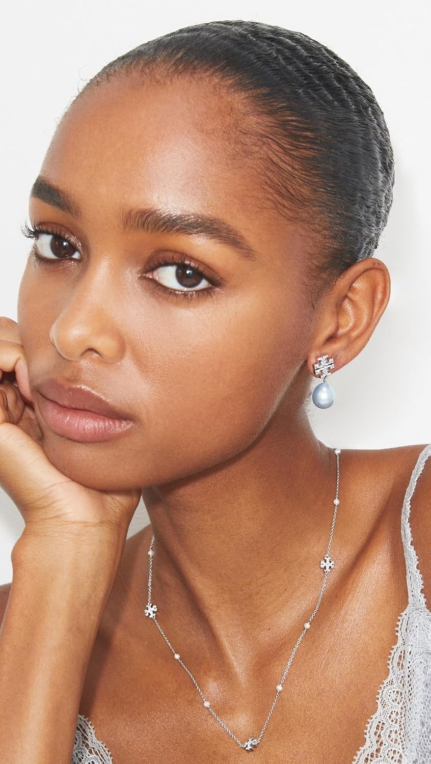 image:imageTory Burch Womens Moondance Pearl and Pav Drop EarringsTory SilverPearl