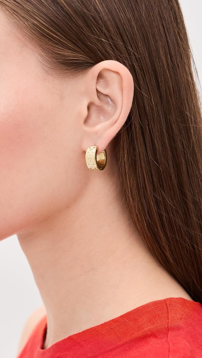 image:imageTory Burch Womens Small Icon T Monogram Hoop EarringsTory Gold New Ivory