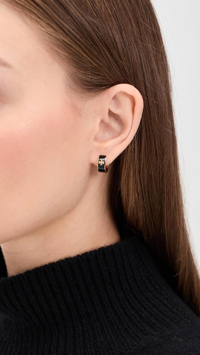 image:imageTory Burch Womens Wide Icon Enamel Huggie EarringsTory Gold Black