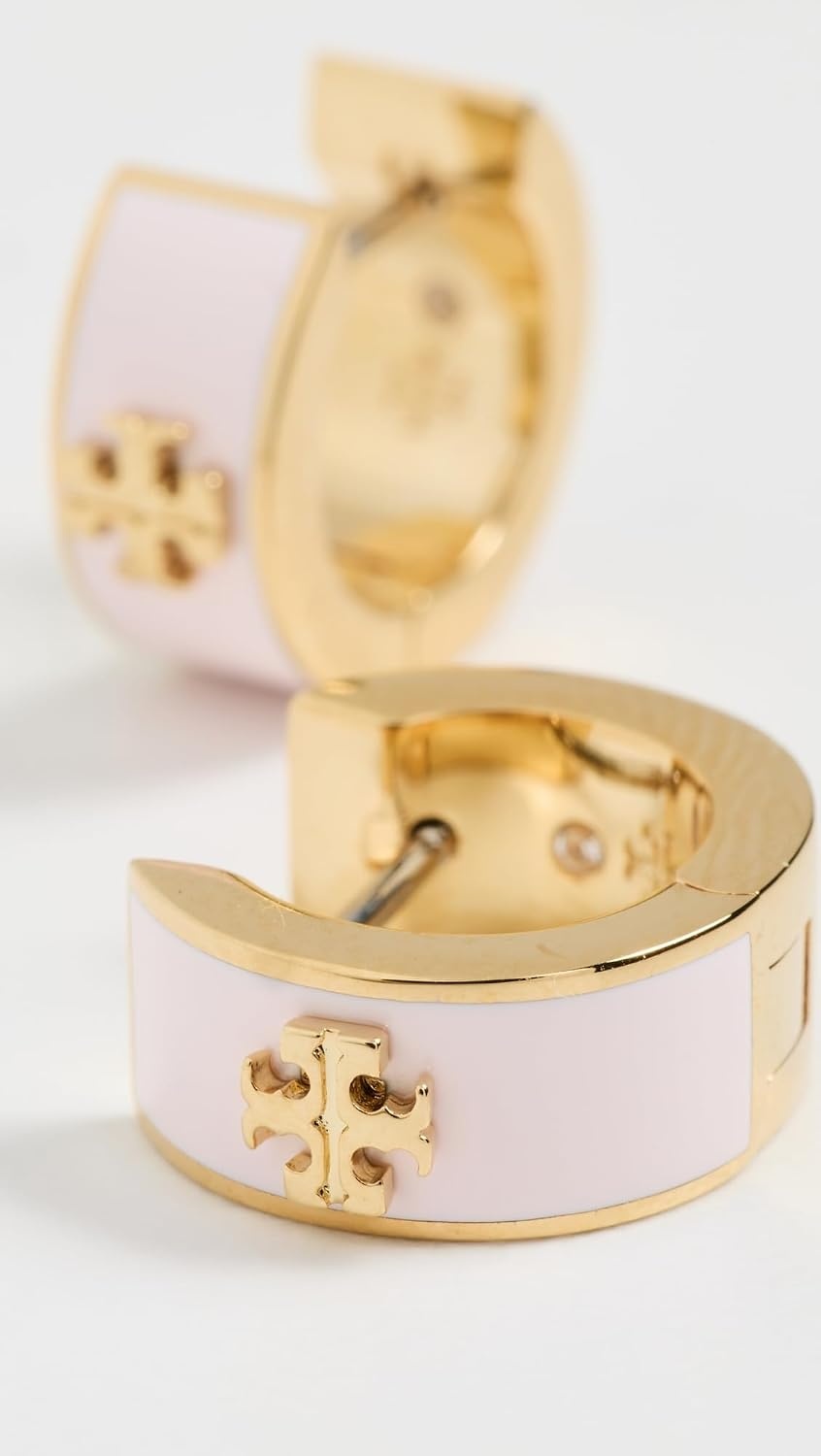 image:imageTory Burch Womens Wide Icon Enamel Huggie EarringsTory GoldPink Snow