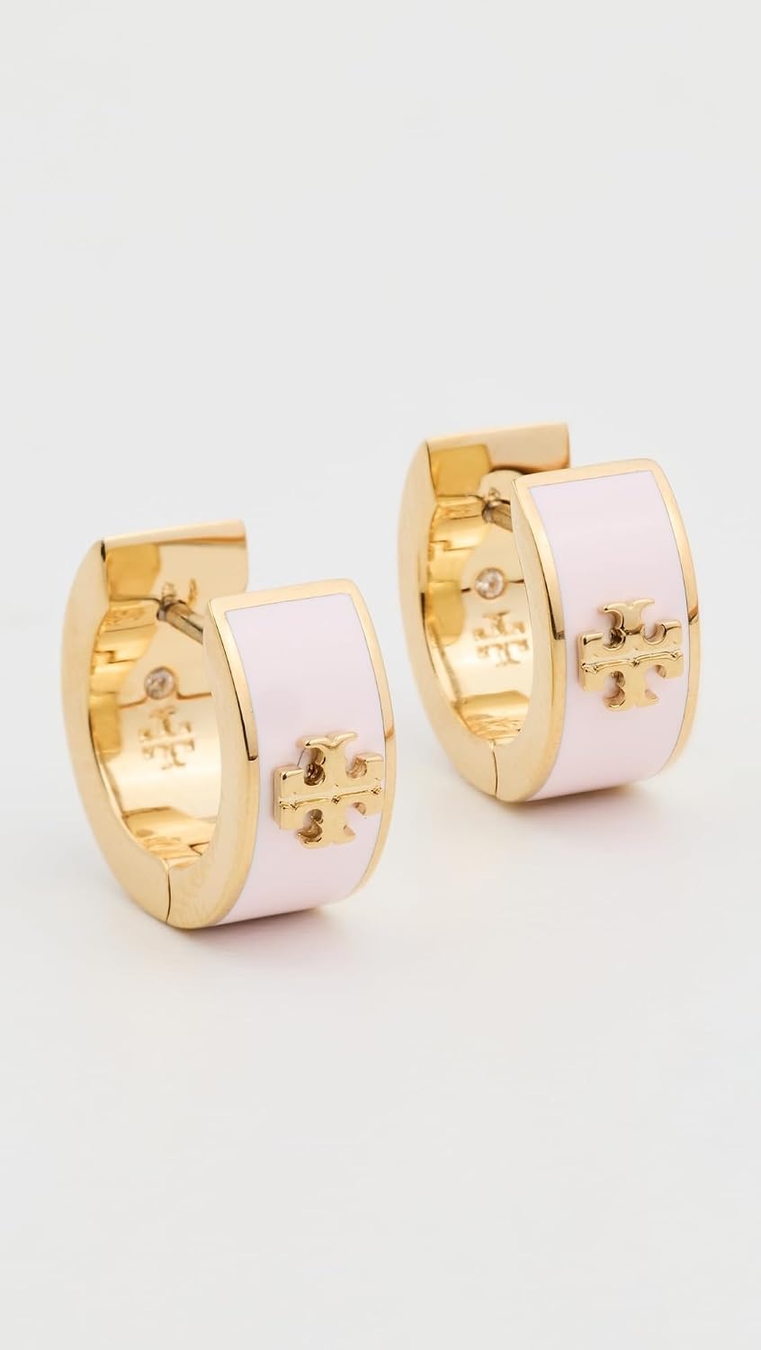 image:imageTory Burch Womens Wide Icon Enamel Huggie EarringsTory GoldPink Snow