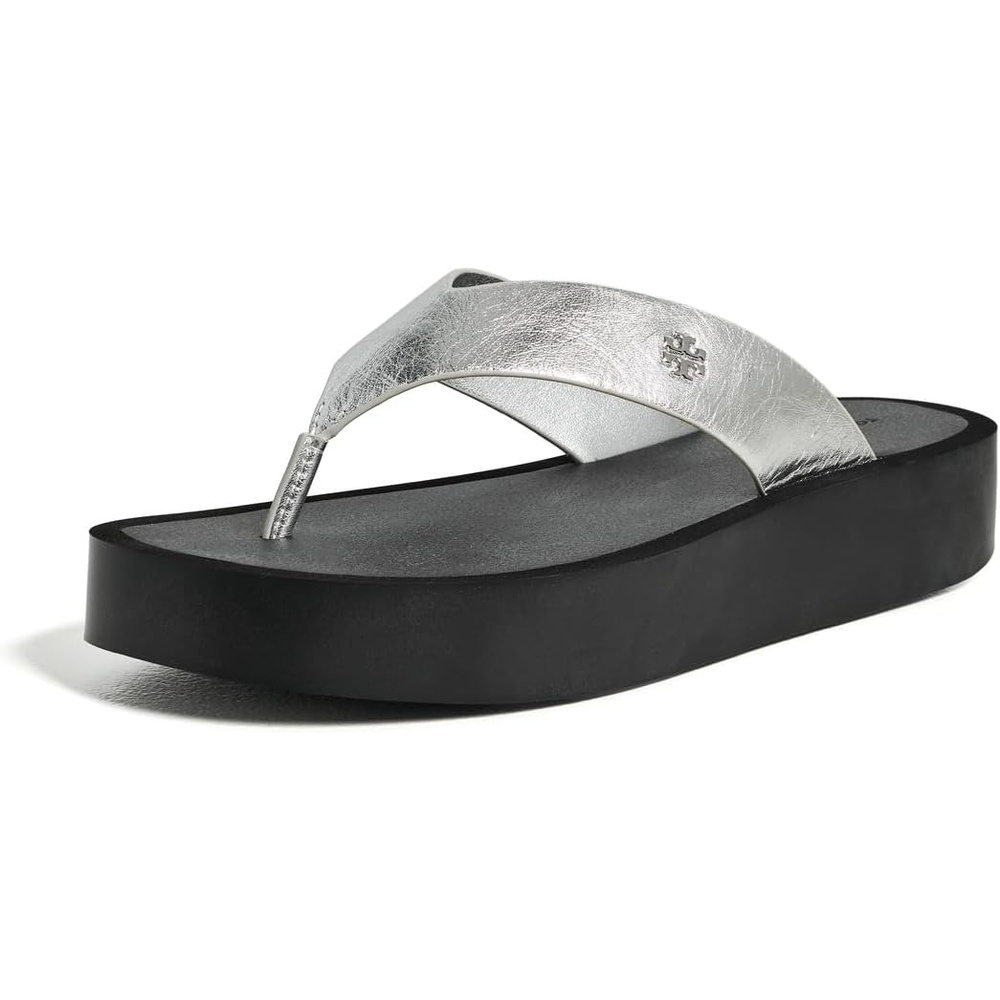 image:imageTory Burch Womens Leather Platform Flip FlopsSilverPerfect Black
