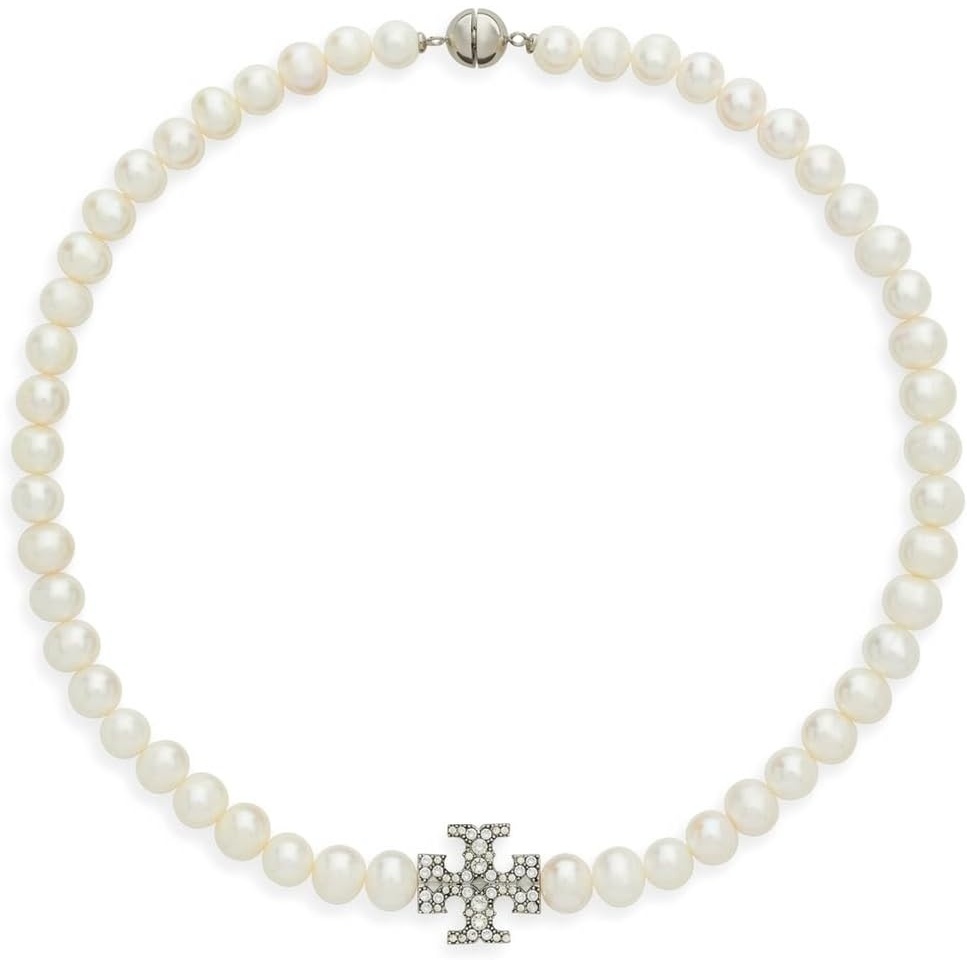 image:imageTory Burch Womens Moondance Pearl and Pave NecklaceTory Silver Pearl Crystal