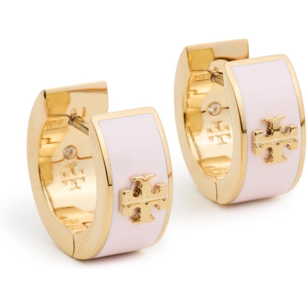 image:imageTory Burch Womens Wide Icon Enamel Huggie EarringsTory GoldPink Snow