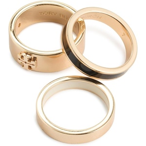 Tory Burch Women’s Icon Enamel Stacked Band Ring Set(Tory Gold/Black/Mint)
