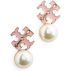 Tory Burch Women’s Logo Pearl Stud Earrings(Light Brass/Pearl/Pink)
