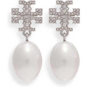 Tory Burch Women’s Moondance Pearl and Pavé Drop Earrings(Tory Silver/Pearl)