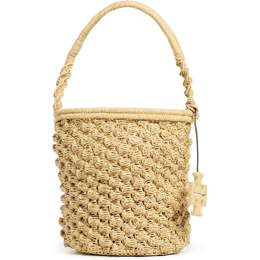 image:imageTory Burch Womens Ella Hand Crochet Popcorn Stitch Bucket BagNatural