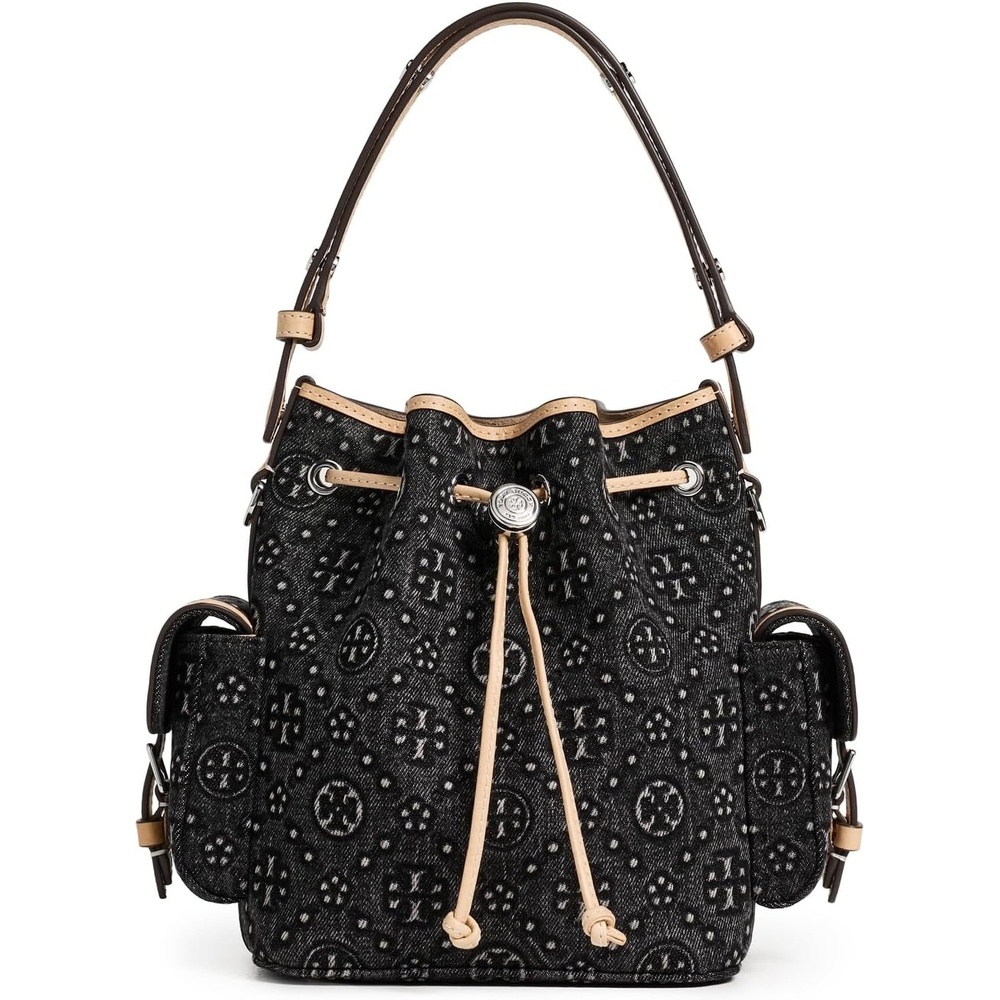 image:imageTory Burch Womens T Monogram Denim Bucket Bag with PocketsBlack